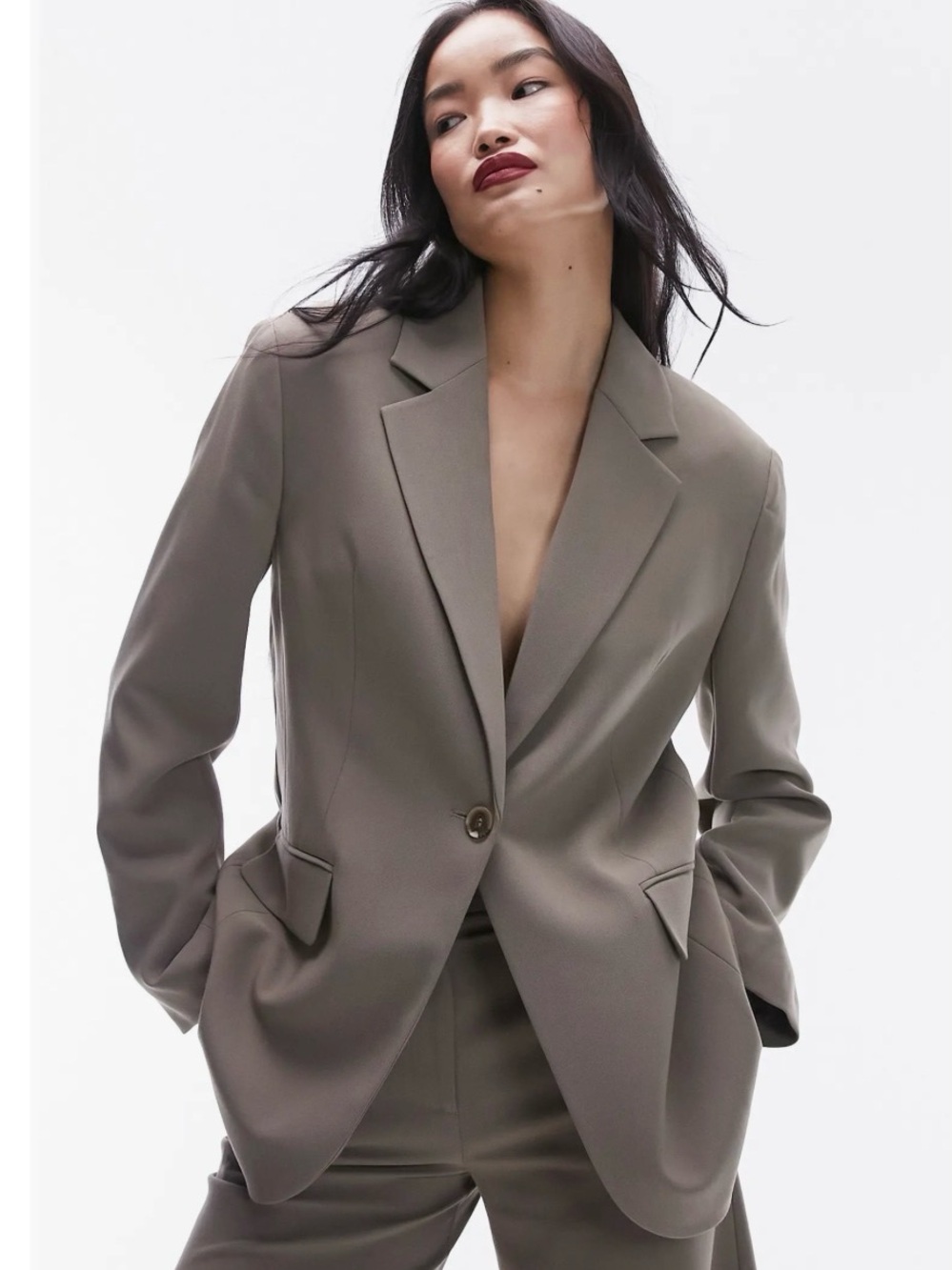 Topshop Oversized Single-Button Taupe Blazer - Women